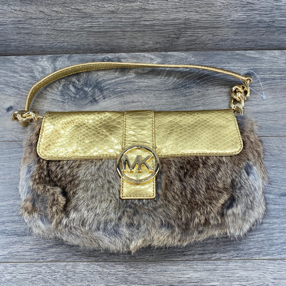 Michael Kors Fulton Rabbit Fur Gold Snakeskin Leather Shoulder Bag MK Metallic